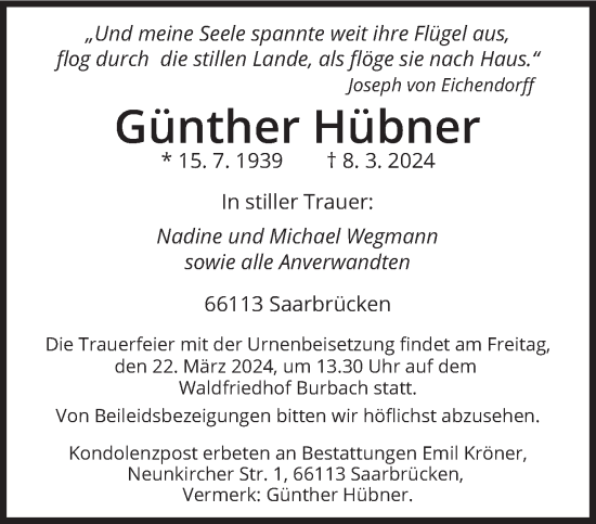 Traueranzeige von Günther Hübner von saarbruecker_zeitung