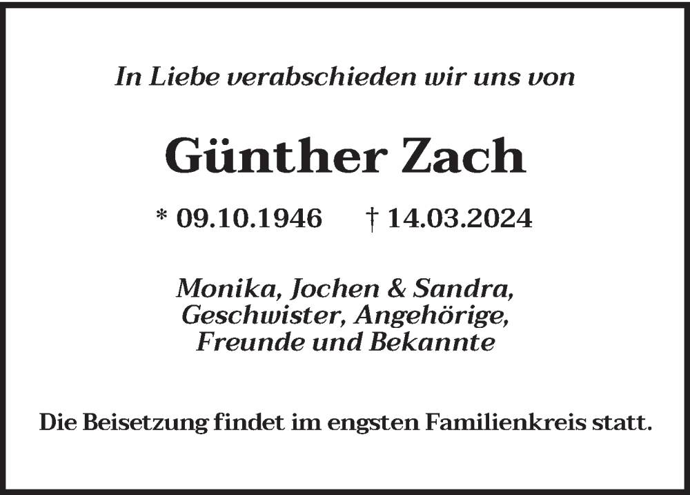  Traueranzeige für Günther Zach vom 21.03.2024 aus saarbruecker_zeitung