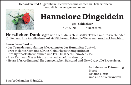 Traueranzeige von Hannelore Dingeldein von saarbruecker_zeitung