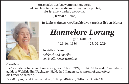Traueranzeige von Hannelore Lorang von saarbruecker_zeitung