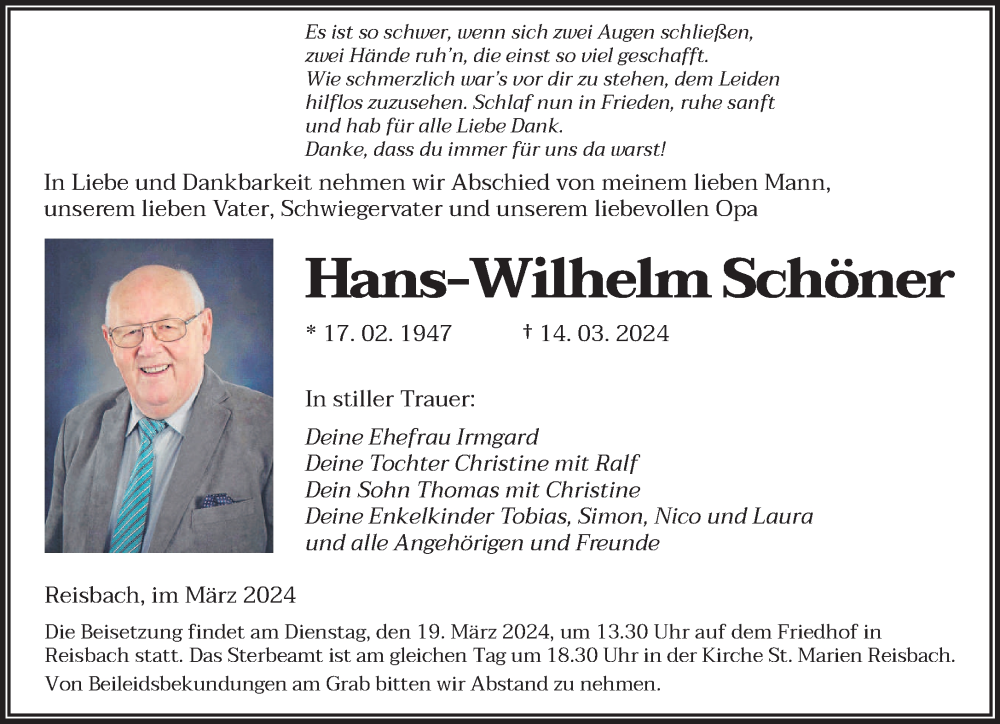 Traueranzeige für Hans-Wilhelm Schöner vom 16.03.2024 aus saarbruecker_zeitung