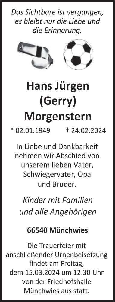 Traueranzeige von Hans Jürgen Morgenstern von saarbruecker_zeitung
