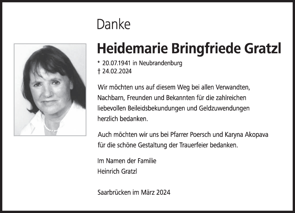 Traueranzeige für Heidemarie Gratzl vom 15.03.2024 aus saarbruecker_zeitung