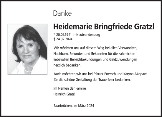 Traueranzeige von Heidemarie Gratzl von saarbruecker_zeitung