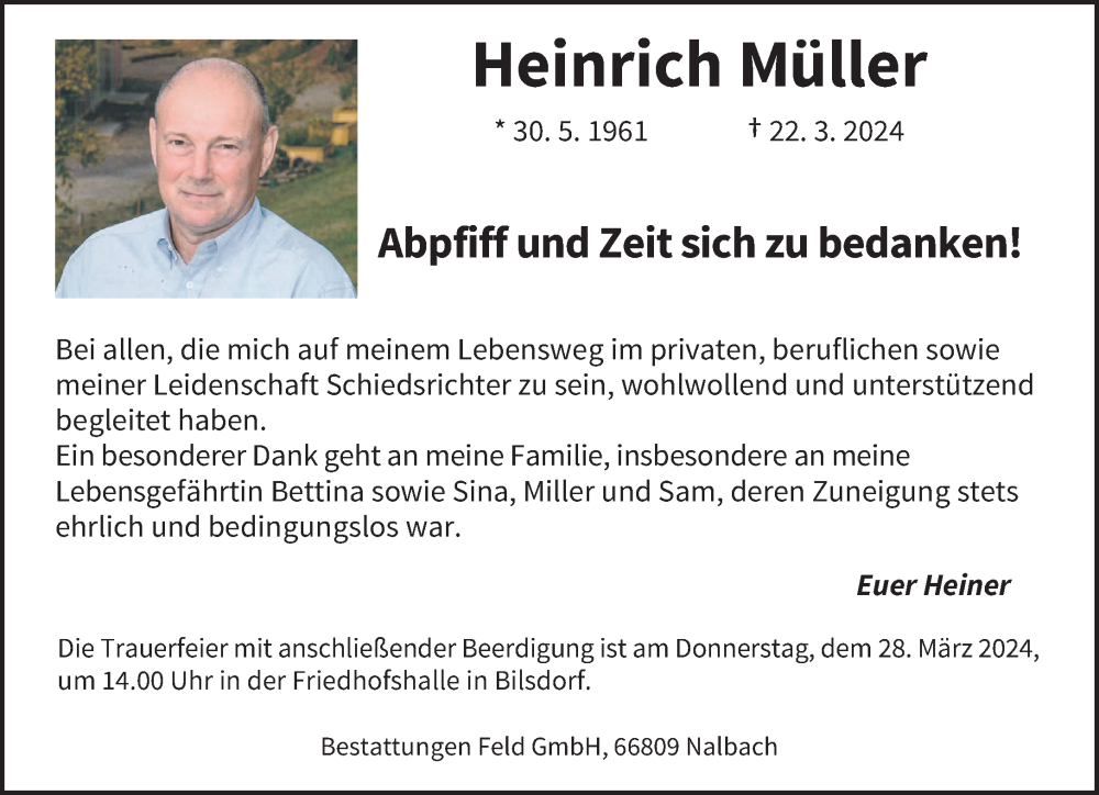  Traueranzeige für Heinrich Müller vom 27.03.2024 aus saarbruecker_zeitung