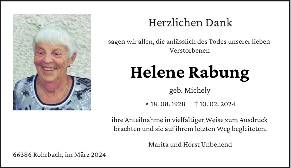  Traueranzeige für Helene Rabung vom 16.03.2024 aus saarbruecker_zeitung