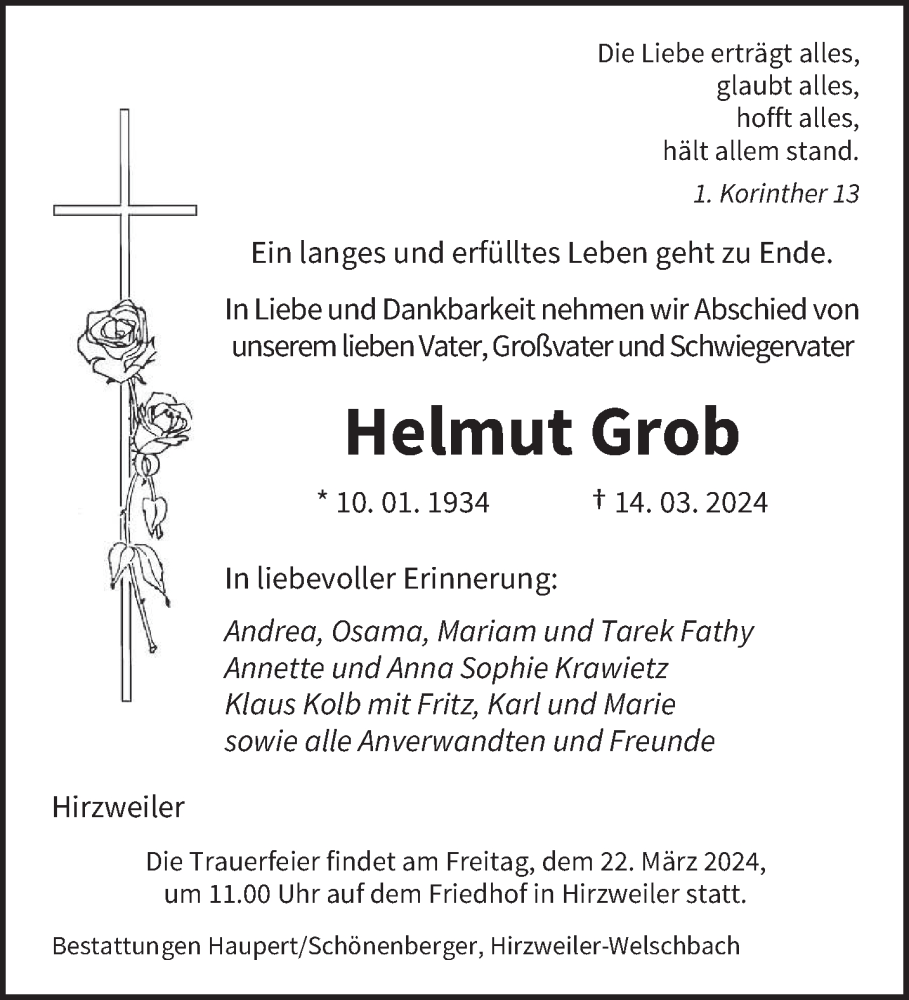  Traueranzeige für Helmut Grob vom 19.03.2024 aus saarbruecker_zeitung