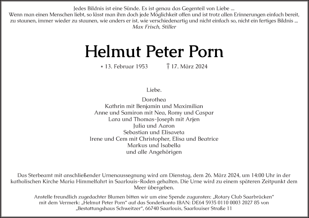  Traueranzeige für Helmut Porn vom 20.03.2024 aus saarbruecker_zeitung