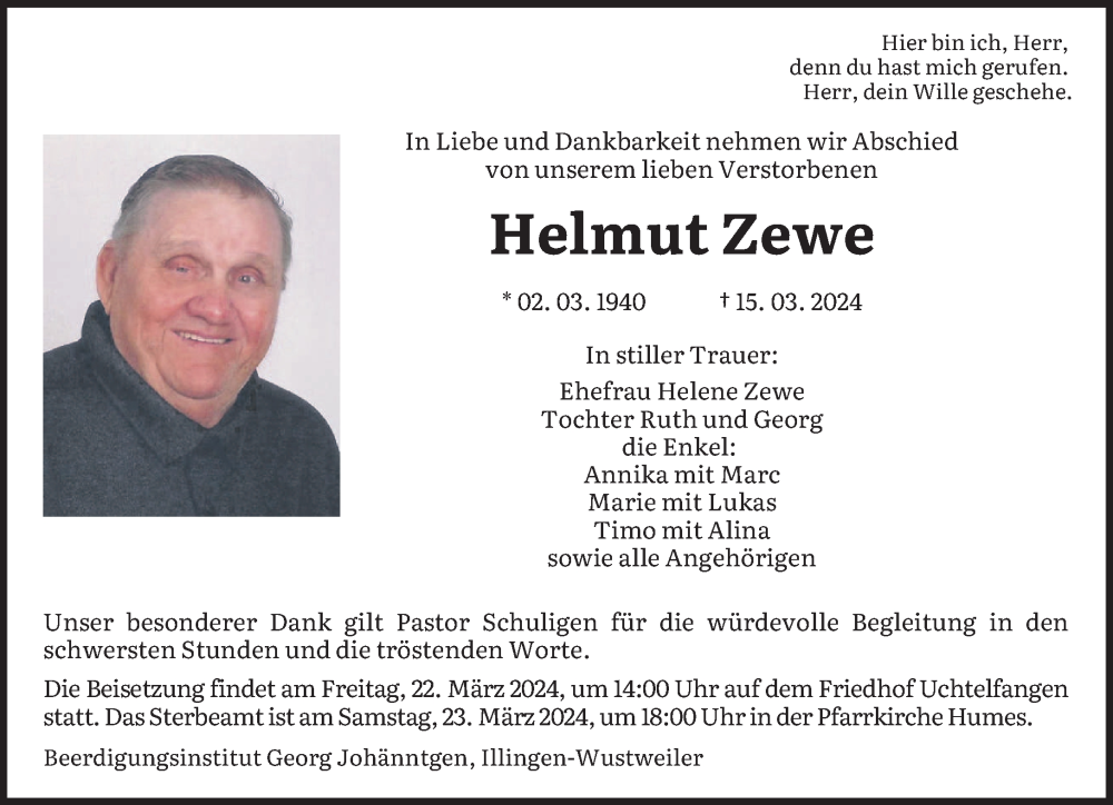  Traueranzeige für Helmut Zewe vom 18.03.2024 aus saarbruecker_zeitung