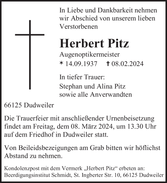 Traueranzeige von Herbert Pitz von saarbruecker_zeitung