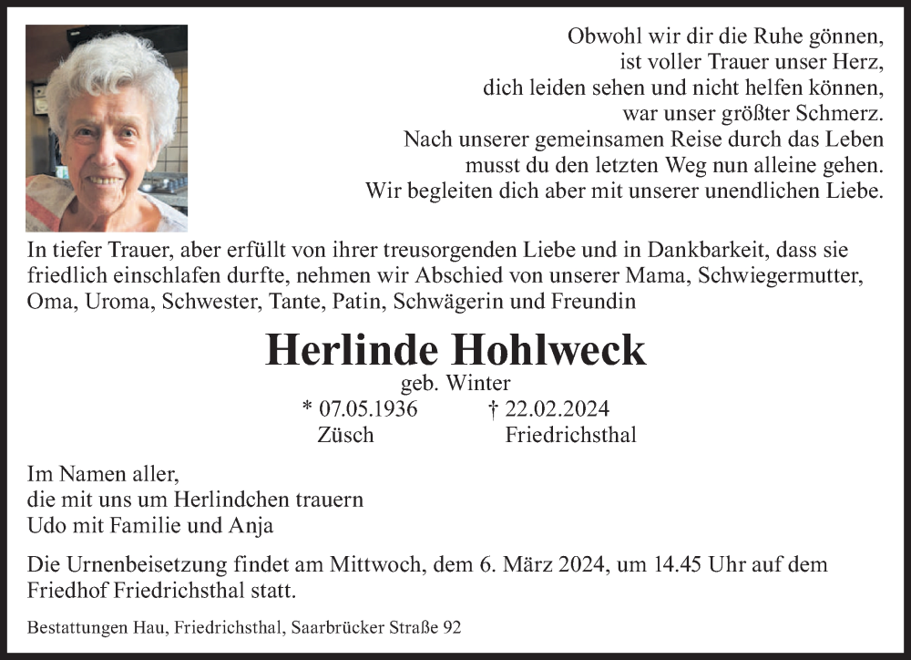  Traueranzeige für Herlinde Hohlweck vom 02.03.2024 aus saarbruecker_zeitung