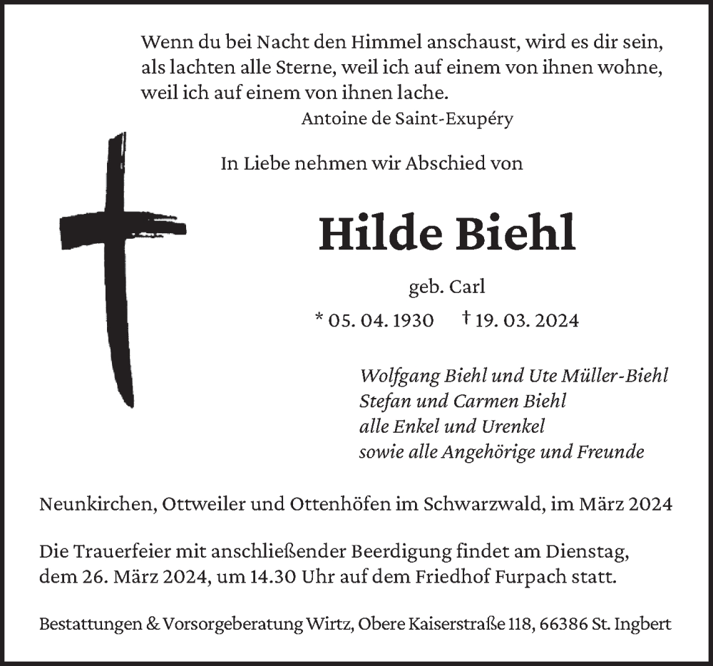  Traueranzeige für Hilde Biehl vom 23.03.2024 aus saarbruecker_zeitung