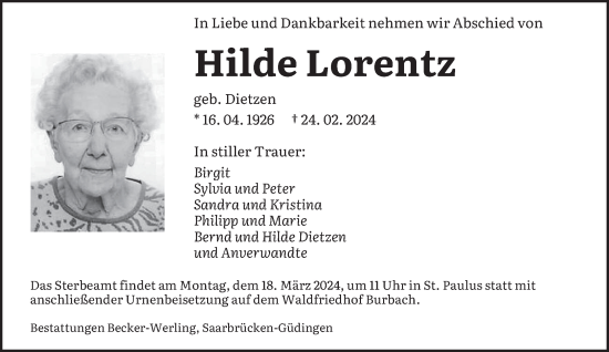 Traueranzeige von Hilde Lorentz von saarbruecker_zeitung