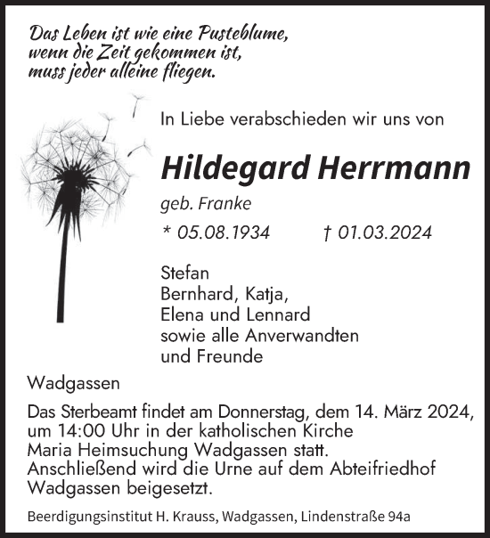 Traueranzeige von Hildegard Herrmann von saarbruecker_zeitung