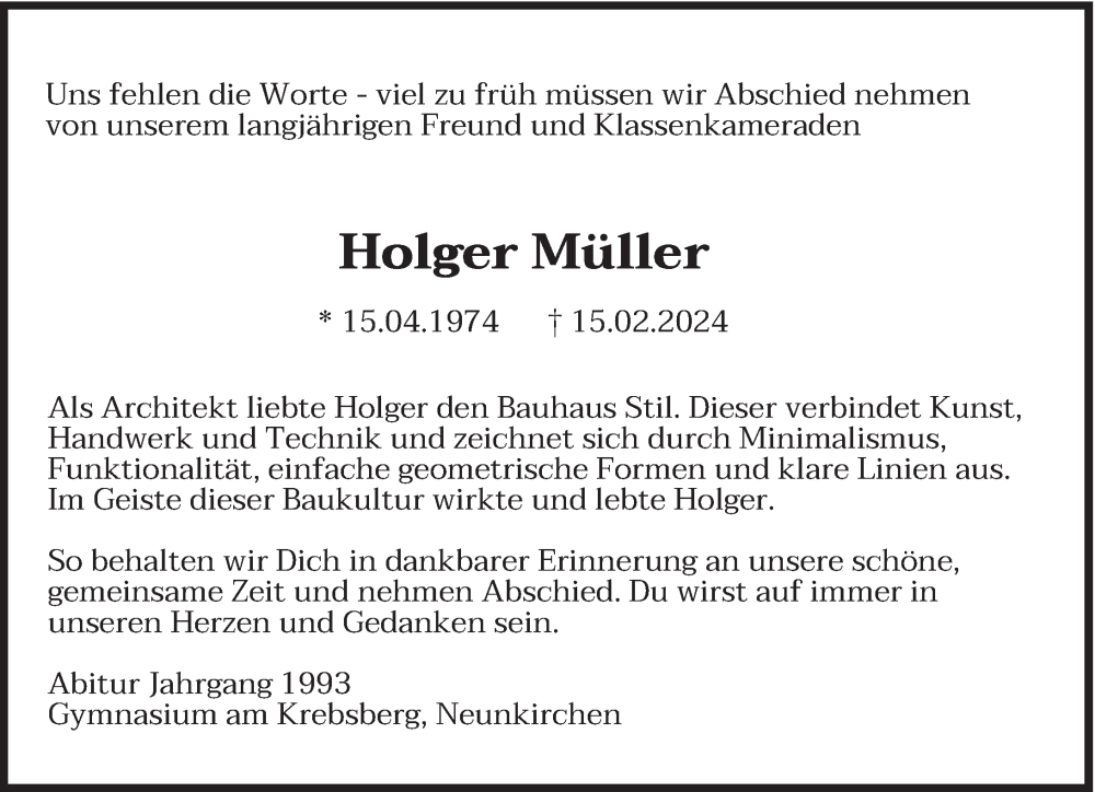  Traueranzeige für Holger Müller vom 02.03.2024 aus saarbruecker_zeitung