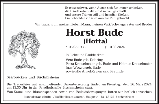 Traueranzeige von Horst Bude von saarbruecker_zeitung