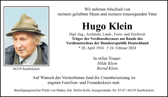 Traueranzeige von Hugo Klein von saarbruecker_zeitung