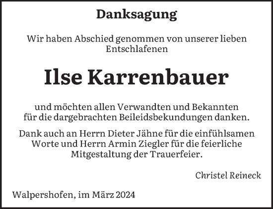 Traueranzeige von Ilse Karrenbauer von saarbruecker_zeitung