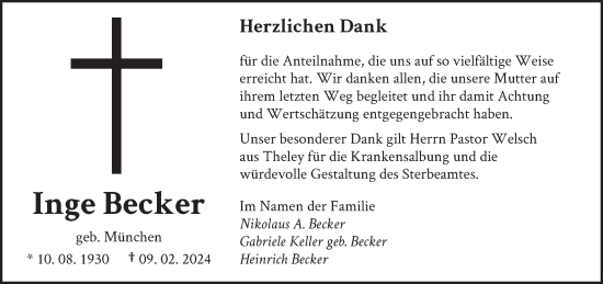 Traueranzeige von Inge Becker von saarbruecker_zeitung