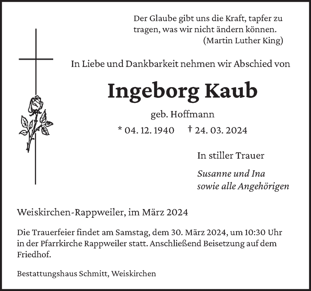  Traueranzeige für Ingeborg Kaub vom 27.03.2024 aus saarbruecker_zeitung