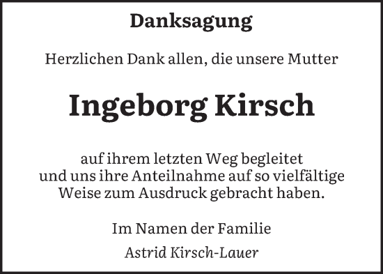 Traueranzeige von Ingeborg Kirsch von saarbruecker_zeitung