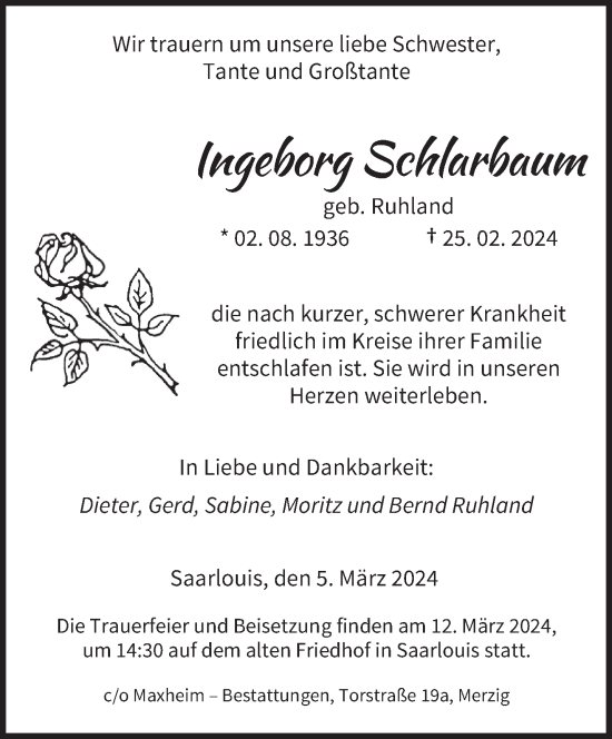 Traueranzeige von Ingeborg Schlarbaum von saarbruecker_zeitung
