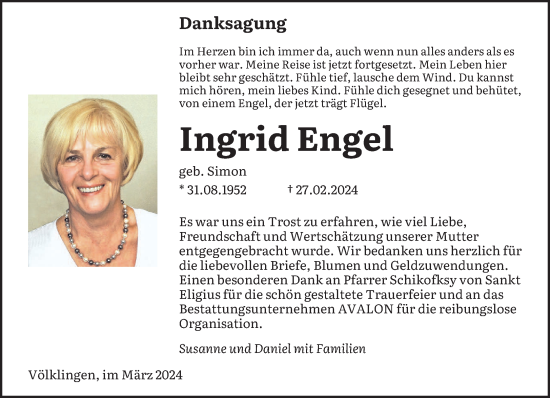 Traueranzeige von Ingrid Engel von saarbruecker_zeitung