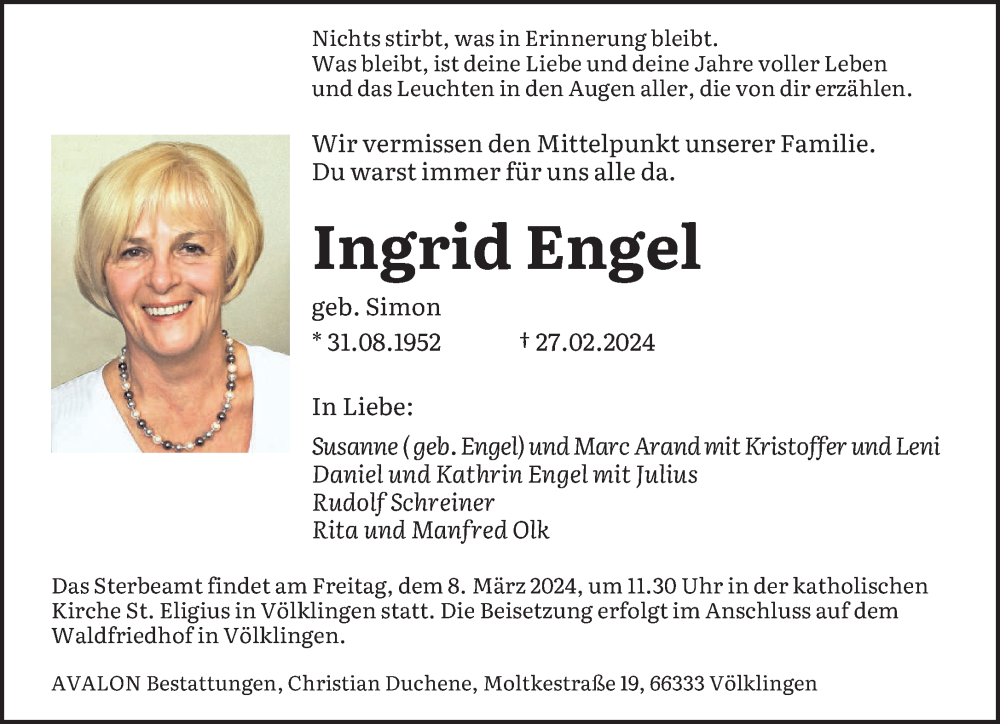 Traueranzeige für Ingrid Engel vom 02.03.2024 aus saarbruecker_zeitung