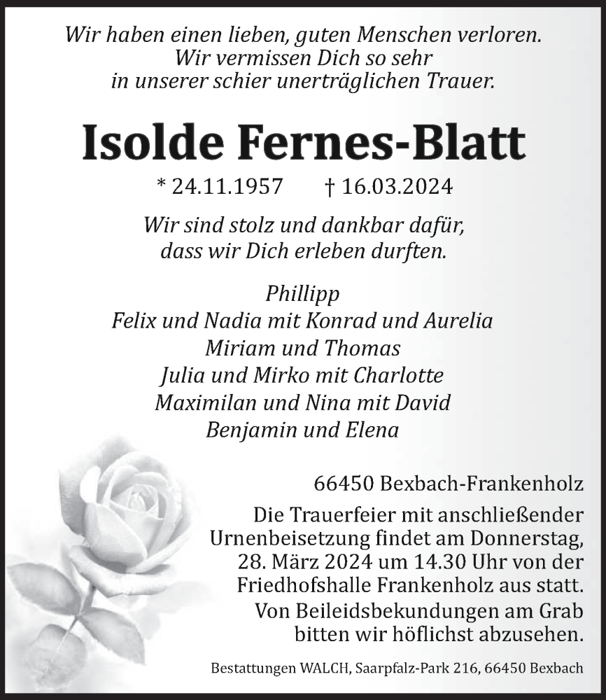  Traueranzeige für Isolde Fernes-Blatt vom 23.03.2024 aus saarbruecker_zeitung