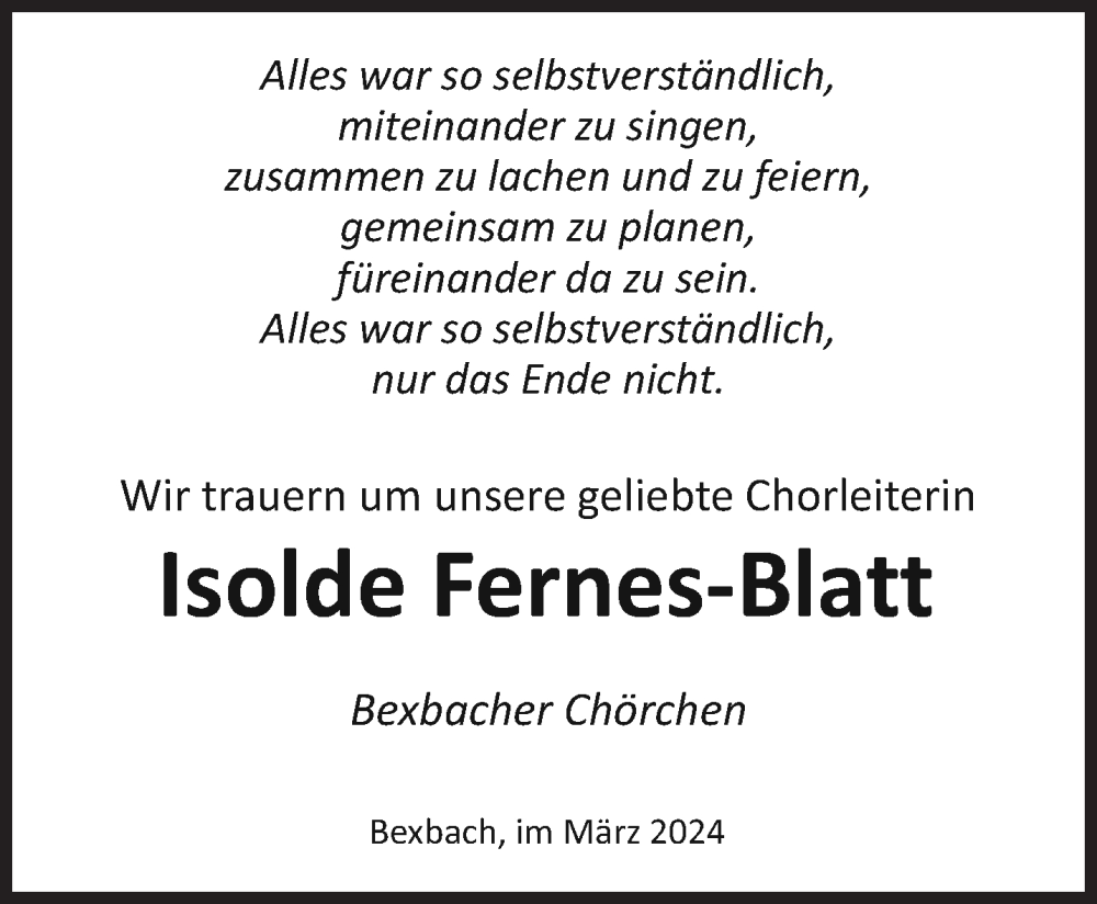  Traueranzeige für Isolde Fernes-Blatt vom 23.03.2024 aus saarbruecker_zeitung