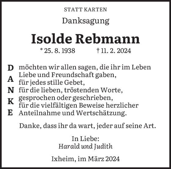 Traueranzeige von Isolde Rebmann von saarbruecker_zeitung