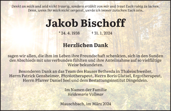 Traueranzeige von Jakob Bischoff von saarbruecker_zeitung