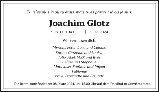 Traueranzeige von Joachim Glotz von saarbruecker_zeitung