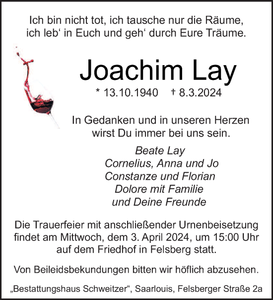 Traueranzeige von Joachim Lay von saarbruecker_zeitung