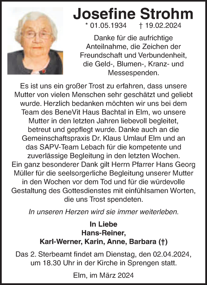  Traueranzeige für Josefine Strohm vom 30.03.2024 aus saarbruecker_zeitung