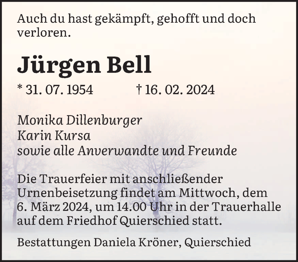  Traueranzeige für Jürgen Bell vom 02.03.2024 aus saarbruecker_zeitung