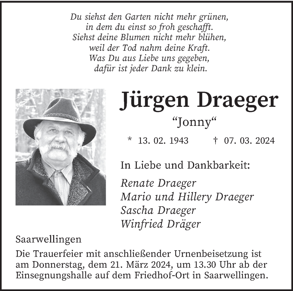  Traueranzeige für Jürgen Draeger vom 16.03.2024 aus saarbruecker_zeitung