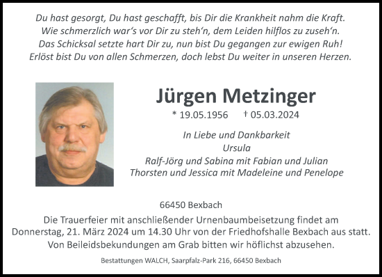 Traueranzeige von Jürgen Metzinger von saarbruecker_zeitung