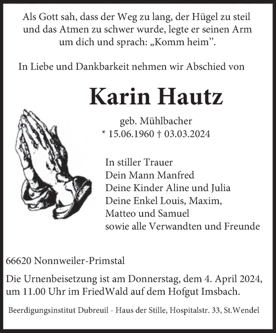 Traueranzeige von Karin Hautz von saarbruecker_zeitung