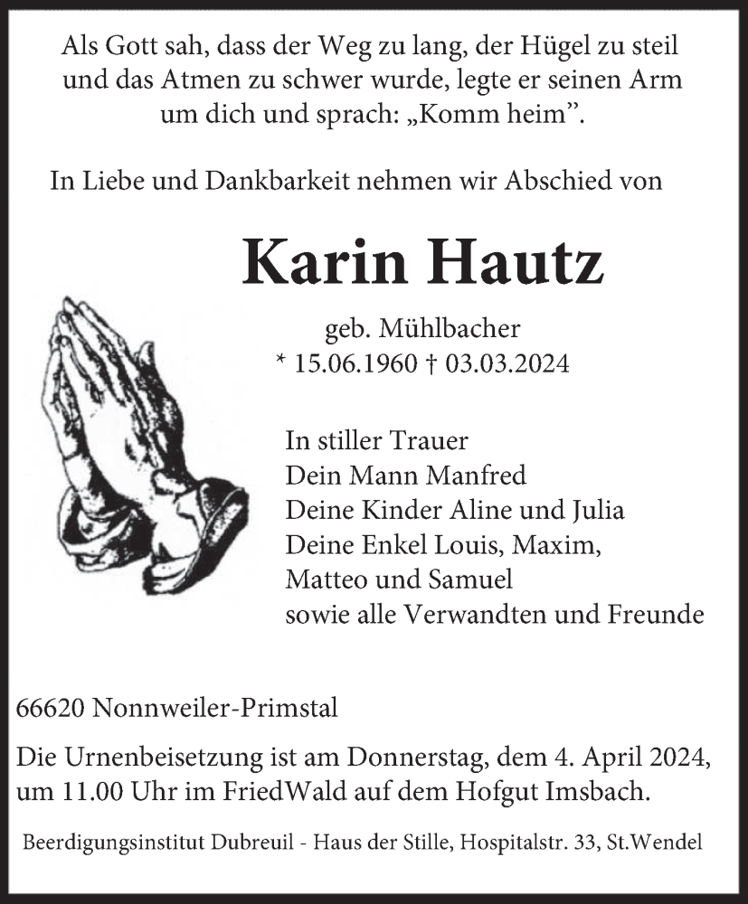  Traueranzeige für Karin Hautz vom 30.03.2024 aus saarbruecker_zeitung