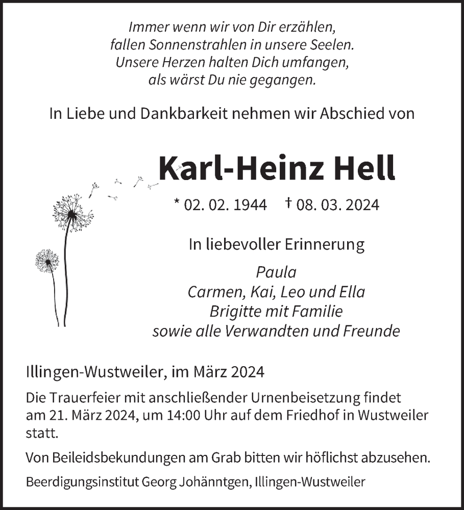  Traueranzeige für Karl-Heinz Hell vom 18.03.2024 aus saarbruecker_zeitung