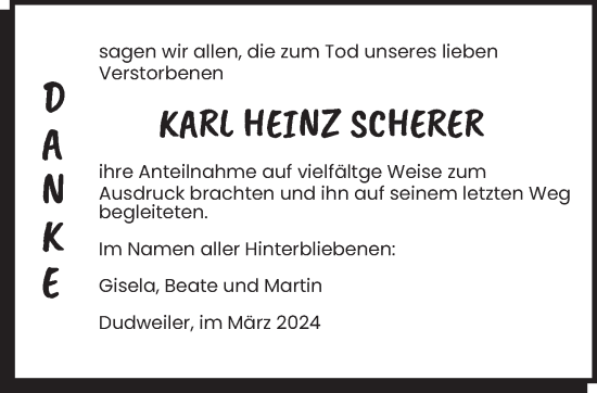 Traueranzeige von Karl Heinz Scherer von saarbruecker_zeitung