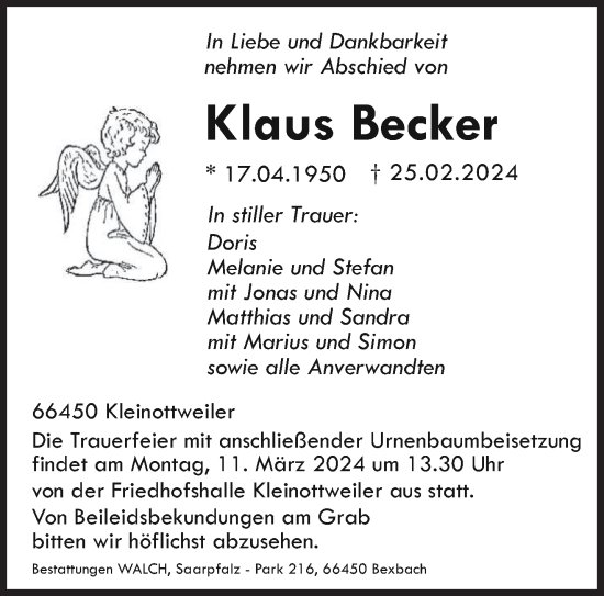 Traueranzeige von Klaus Becker von saarbruecker_zeitung