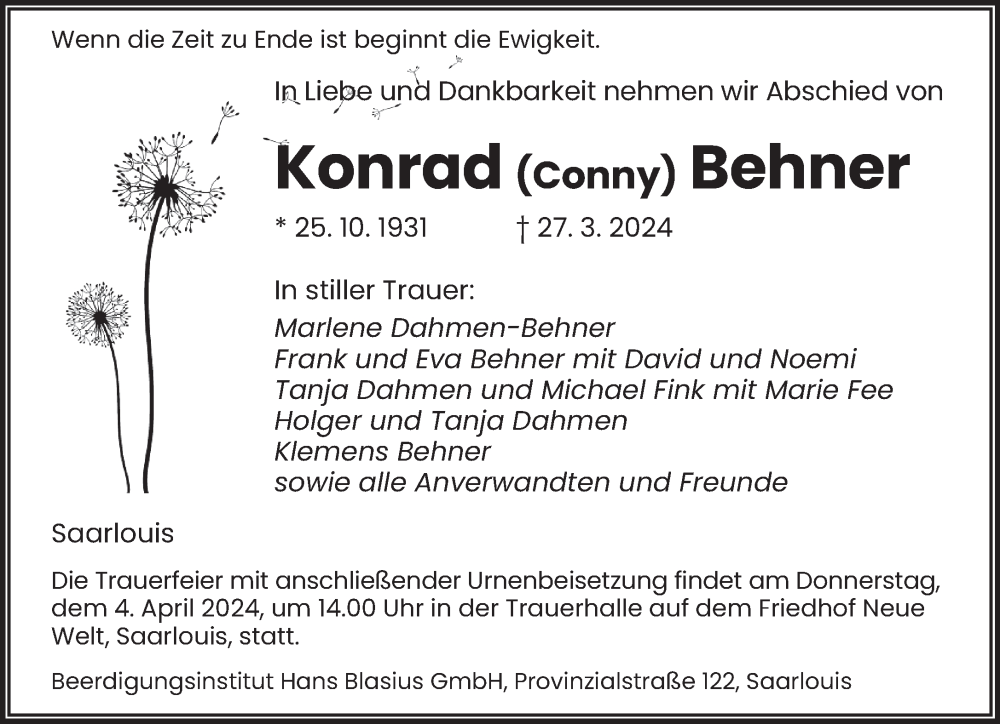  Traueranzeige für Konrad Behner vom 30.03.2024 aus saarbruecker_zeitung