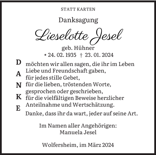 Traueranzeige von Lieselotte Jesel von saarbruecker_zeitung