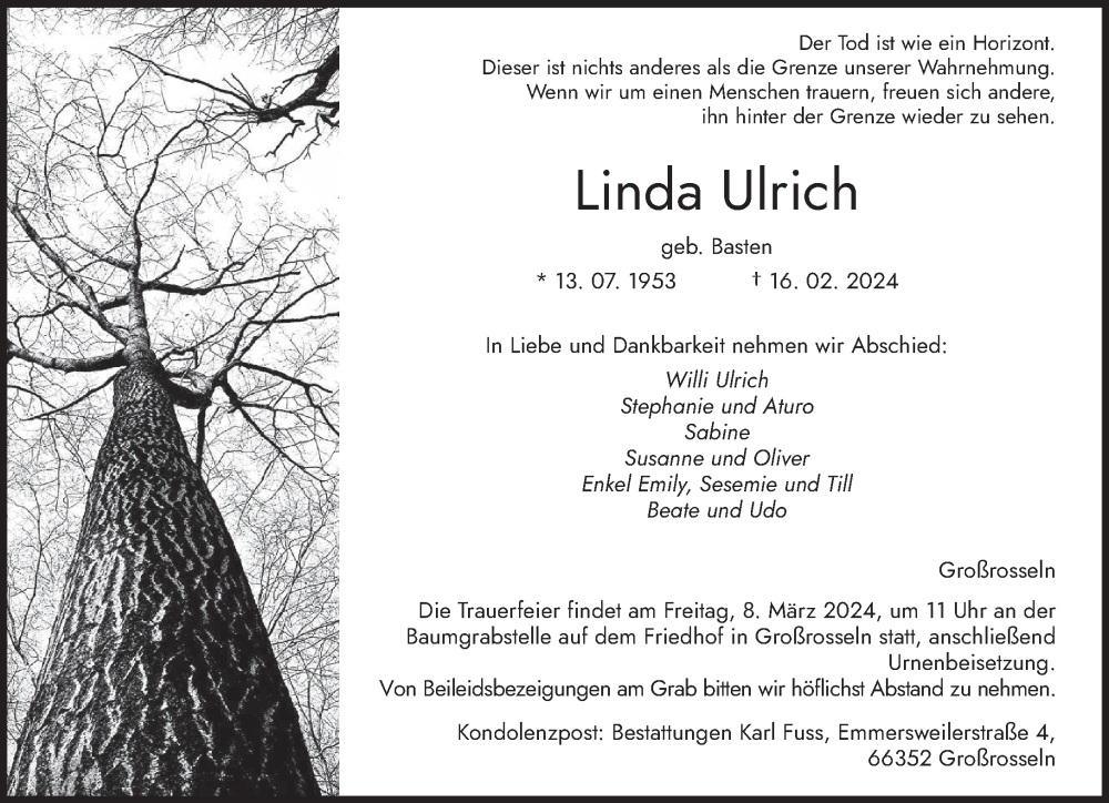  Traueranzeige für Linda Ulrich vom 02.03.2024 aus saarbruecker_zeitung