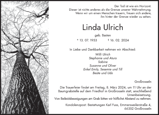 Traueranzeige von Linda Ulrich von saarbruecker_zeitung