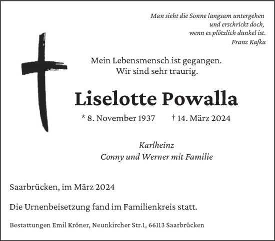 Traueranzeige von Liselotte Powalla von saarbruecker_zeitung