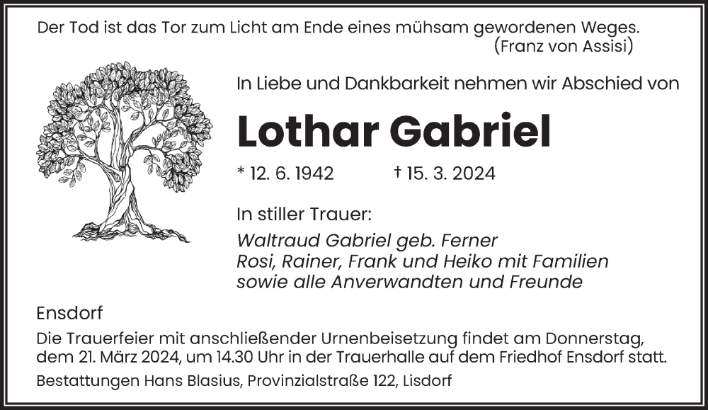  Traueranzeige für Lothar Gabriel vom 19.03.2024 aus saarbruecker_zeitung