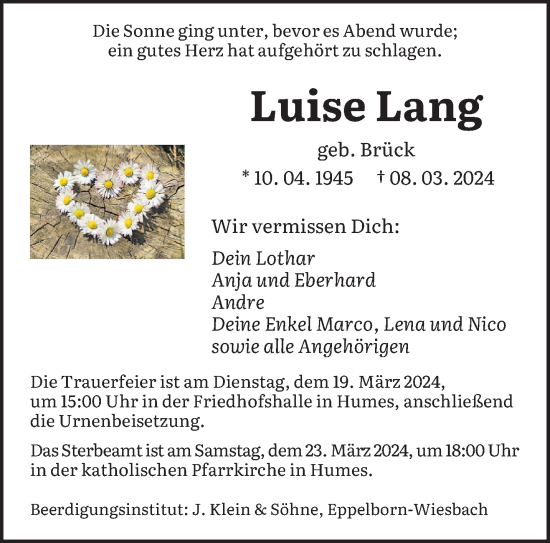 Traueranzeige von Luise Lang von saarbruecker_zeitung